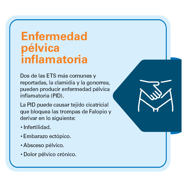 Dos de las ETS más comunes y reportadas, la clamidia y la gonorrea, pueden causar enfermedad inflamatoria pélvica. La EIP puede causar tejido cicatricial que bloquea las trompas de Falopio, lo que provoca infertilidad, embarazo ectópico, abscesos pélvicos y dolor pélvico crónico.